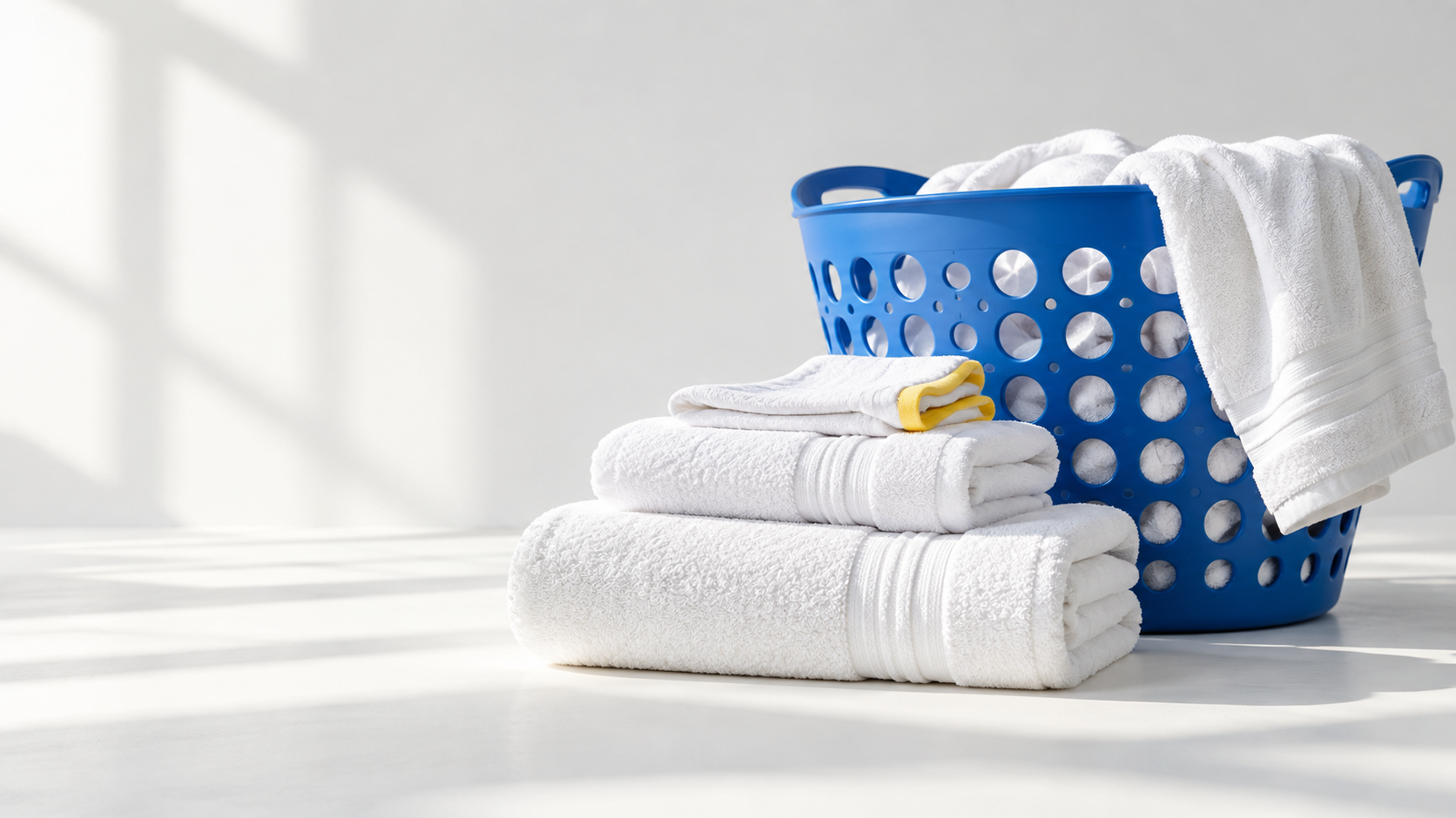 Illustrative studio concept: folded white towels with a cobalt laundry basket